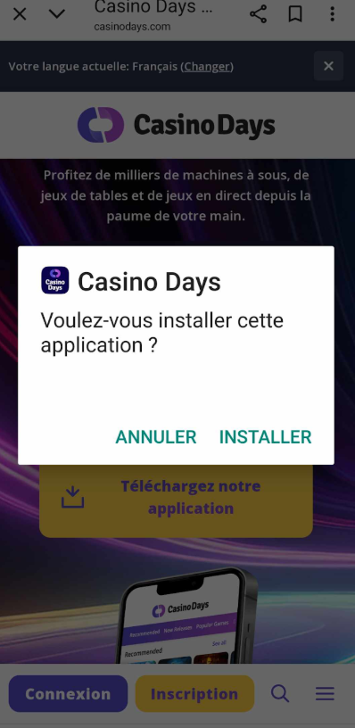 capture d'écran de l'application de casino